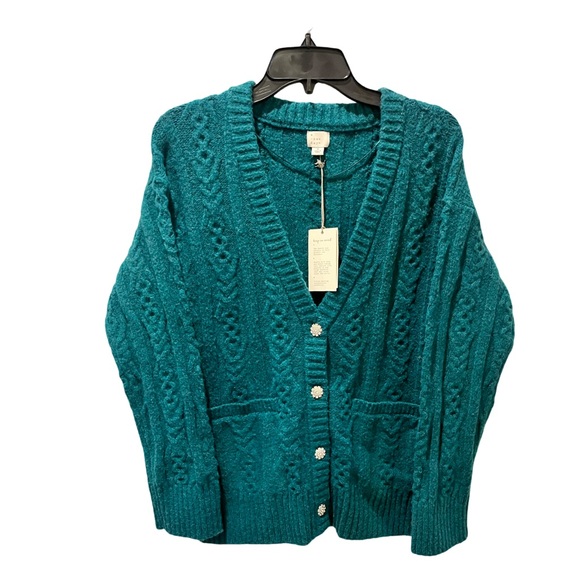 Emerald green cable knit cardigan with jeweled buttons. - Picture 1 of 7